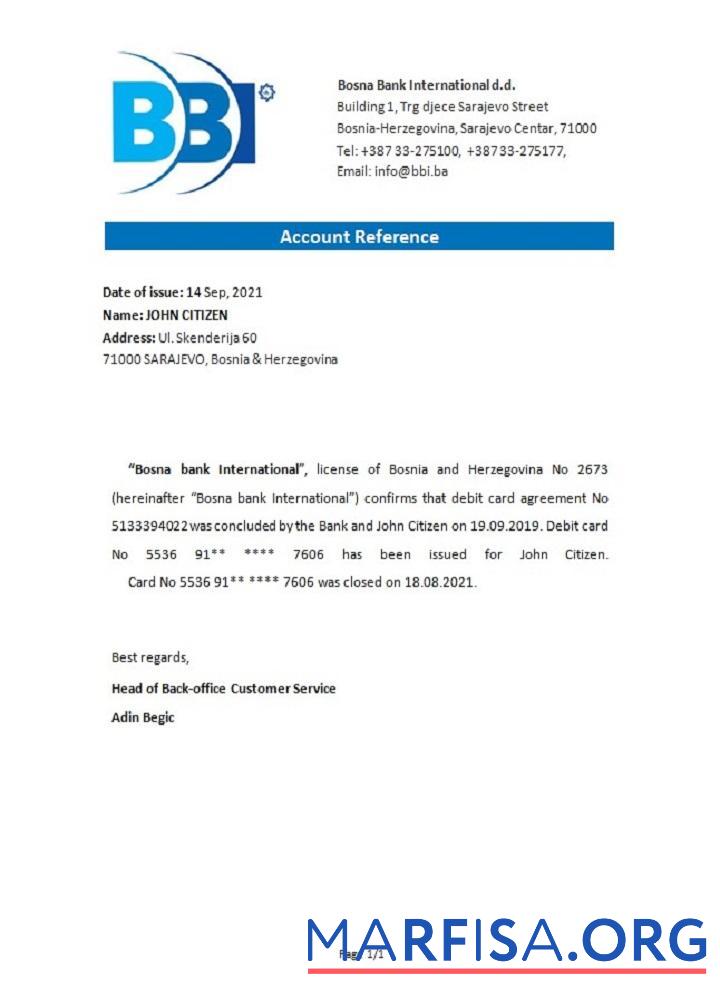 Blank Bosnia and Herzegovina Bosna Bank Internat closure reference template